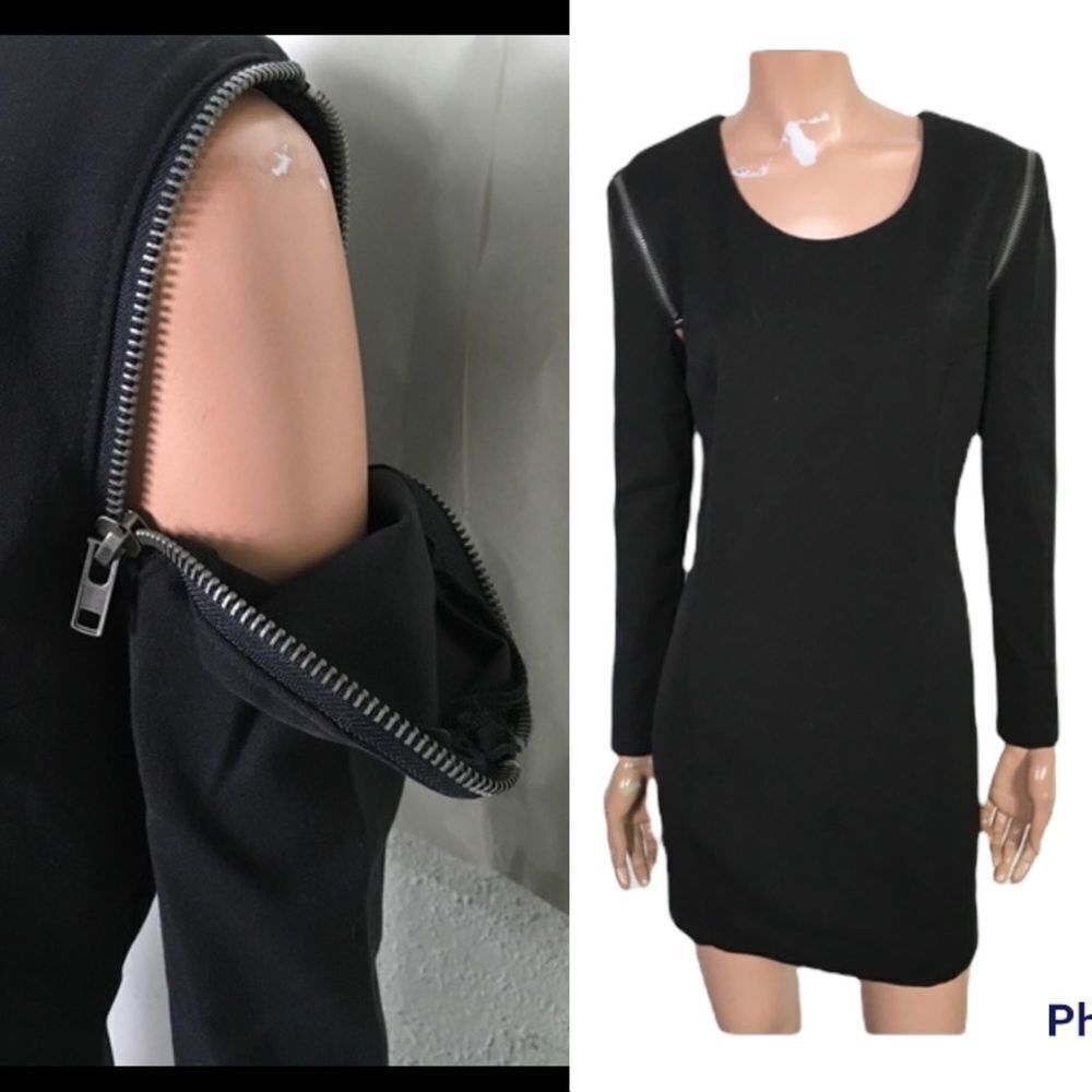 Bebe Black Long Sleeve Zip Shoulder Convertible Mini Bodycon Cocktail Dress S